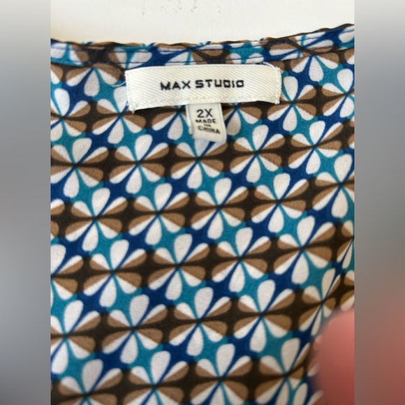 MAX STUDIO Boho Print Mock Wrap Chiffon Peasant Top Blouse Size 2X Hi-Low - Picture 3 of 10